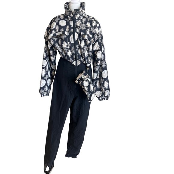 VINTAGE NILS 90s Black & White Abstract One-Piece Ski Suit Hat GlovesSize 12